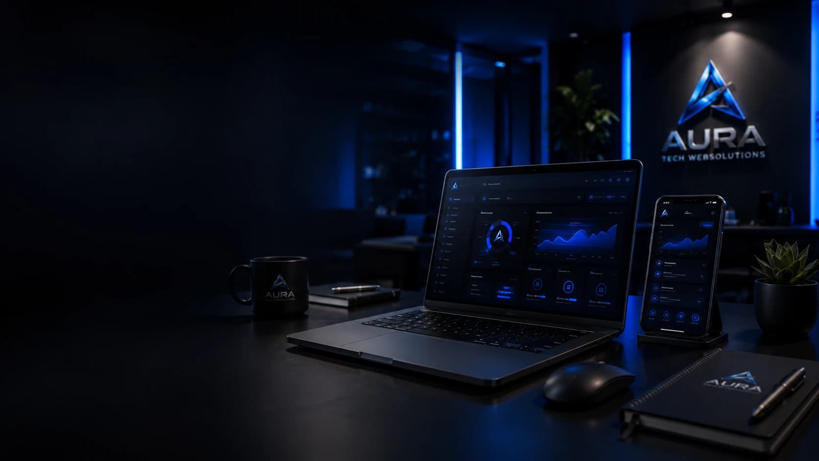 Ambiente tecnológico premium da Aura Tech Websolutions