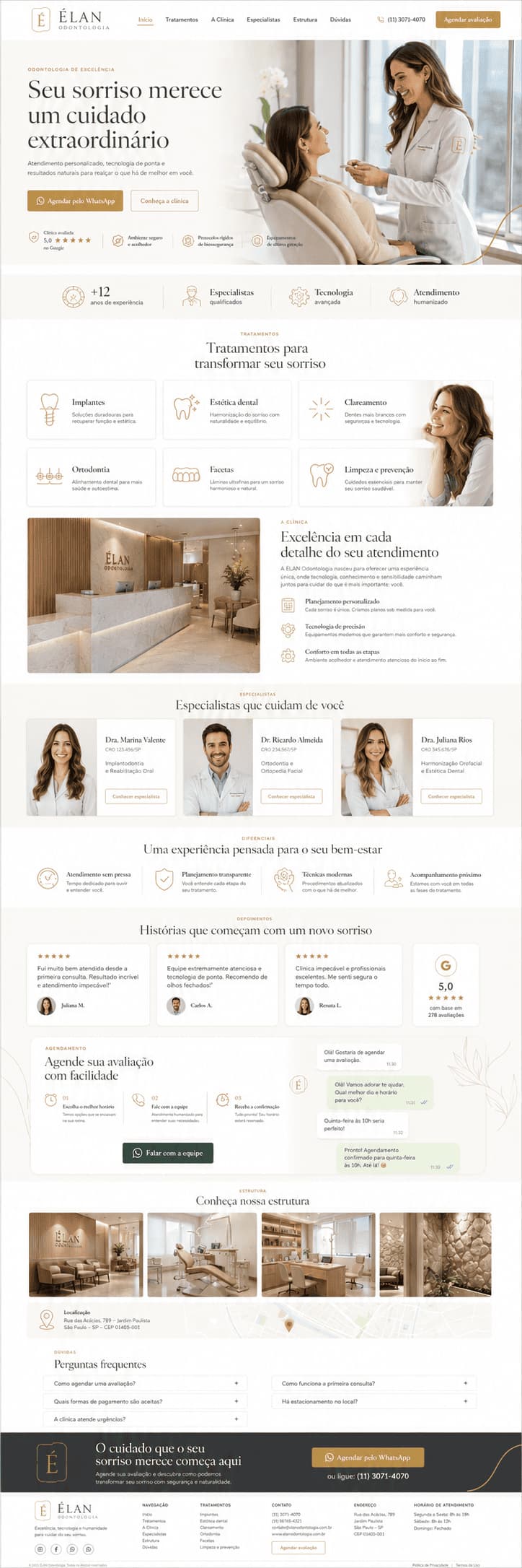Prévia de site premium para clínica odontológica com tratamentos, equipe e agendamento pelo WhatsApp