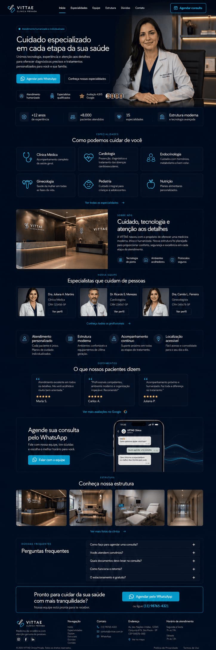 Prévia completa de site premium para clínica com serviços, equipe, localização e agendamento