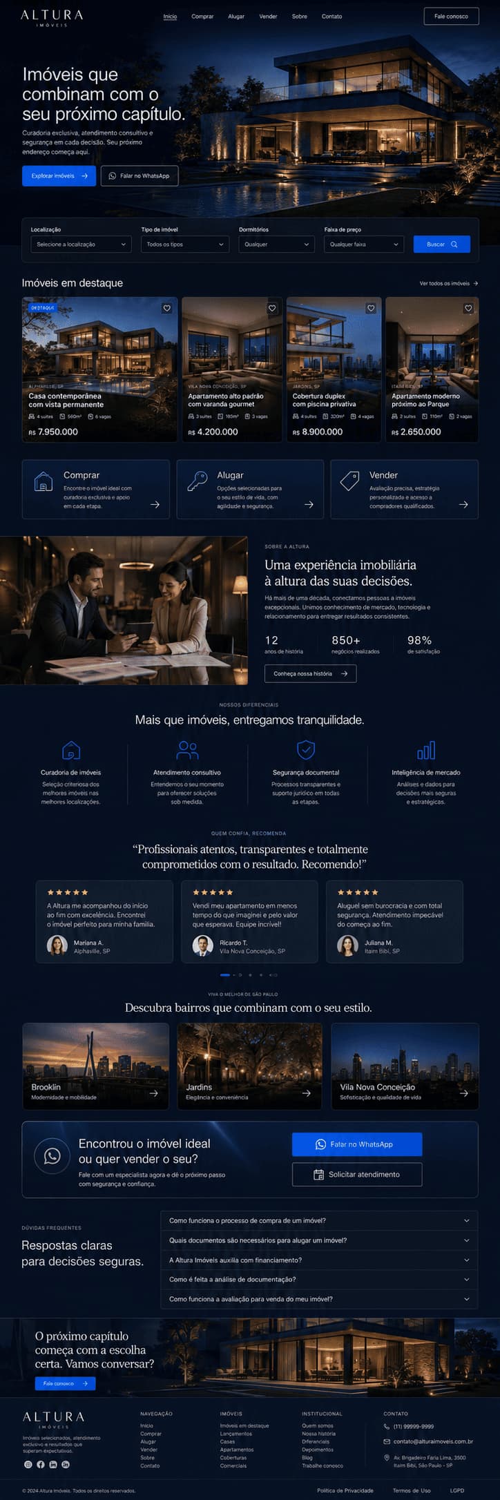 Prévia completa de site premium para imobiliária com catálogo de imóveis e contato pelo WhatsApp